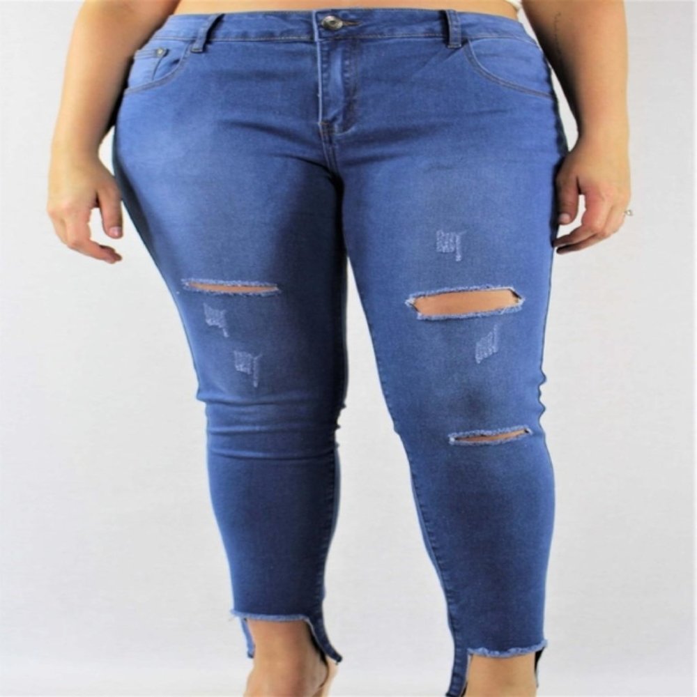 Plus Size Blue Washed Ripped Jeans - Picture 1 of 2